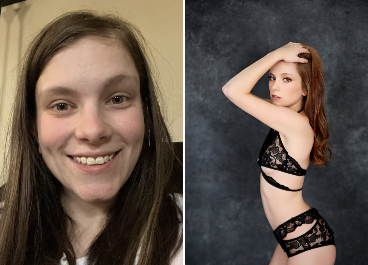 Before: a smiling young woman with long brown hair and a fair complexion, posing for a selfie indoors. After: a woman with red hair in black lingerie striking a pose against a dark textured wall
