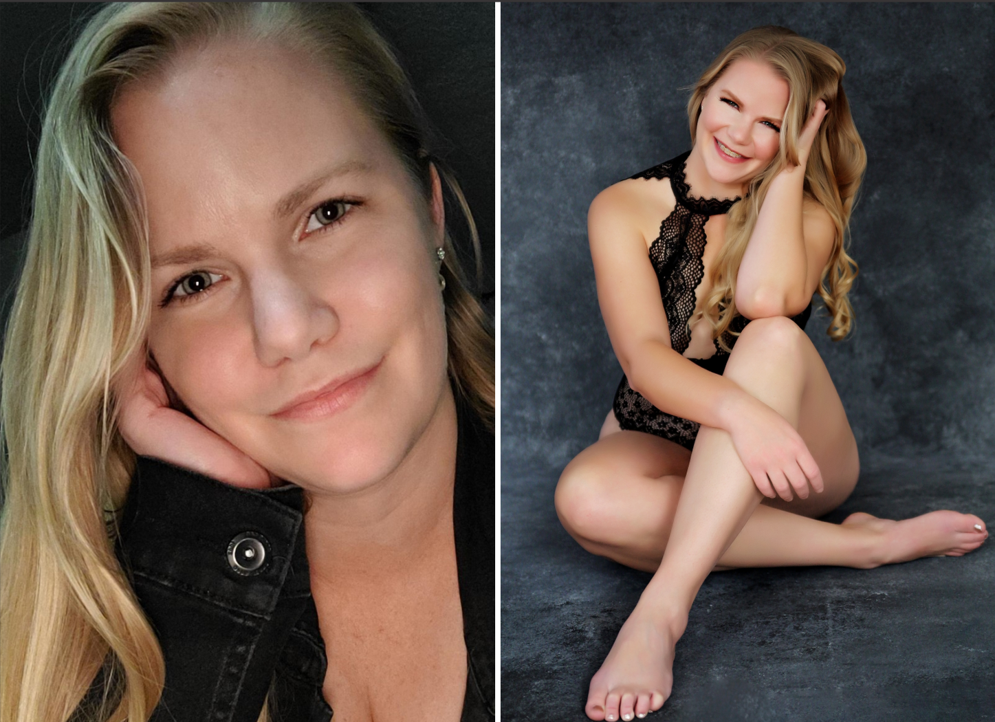Before and after side-by-side portraits of the same woman, one close-up showing her face as she leans her head on her hand, and the other sitting with crossed legs, smiling broadly in a black lace bodysuit at main street boudoir