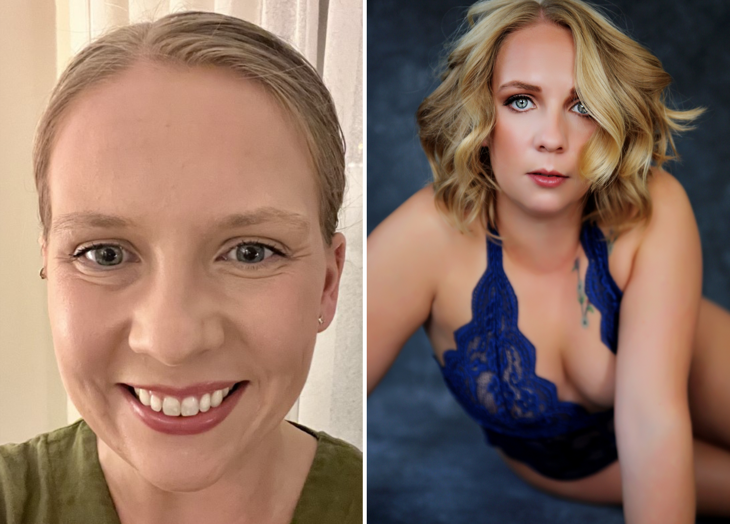 Before and after split image: left side shows a smiling woman with blonde hair pulled back, wearing minimal makeup. The right side features the same woman in a blue lace top, dramatic makeup main street boudoir studio