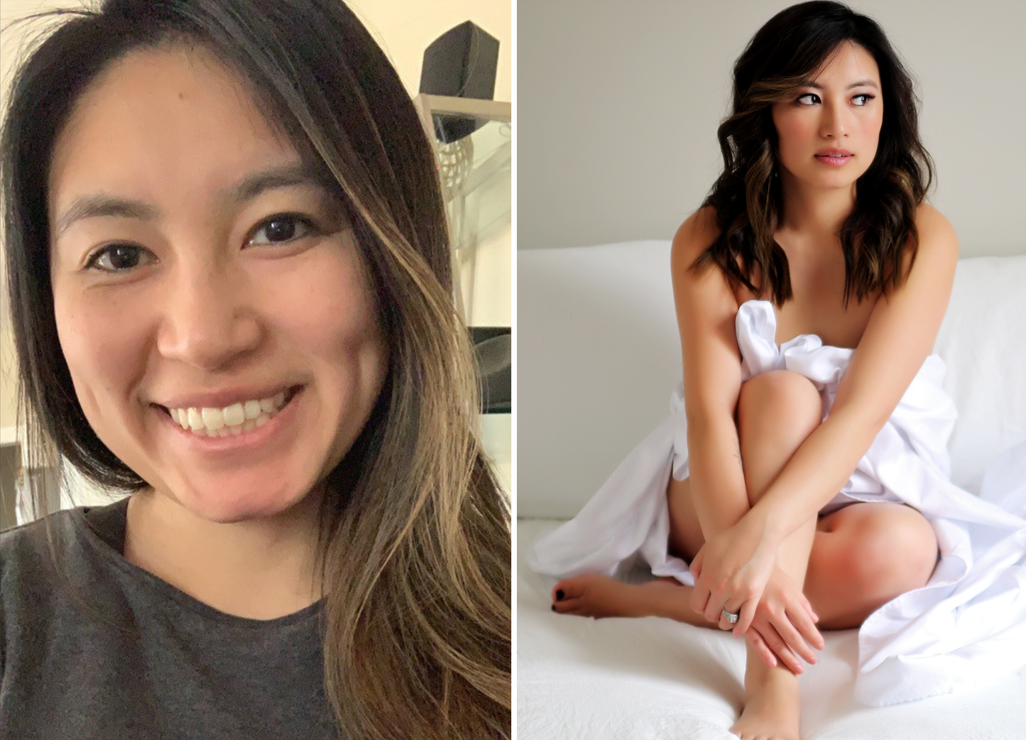 Split image/before and after: on the left, a smiling Asian woman with long dark hair in a casual gray t-shirt. On the right, the same woman posing thoughtfully in a white sheet main-street-boudoir
