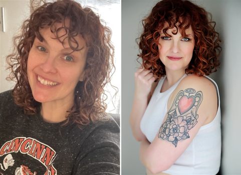Before and after images of a woman with curly red hair: on the left, she's smiling casually in a sweatshirt; on the right, a more formal portrait with a visible floral tattoo on her arm