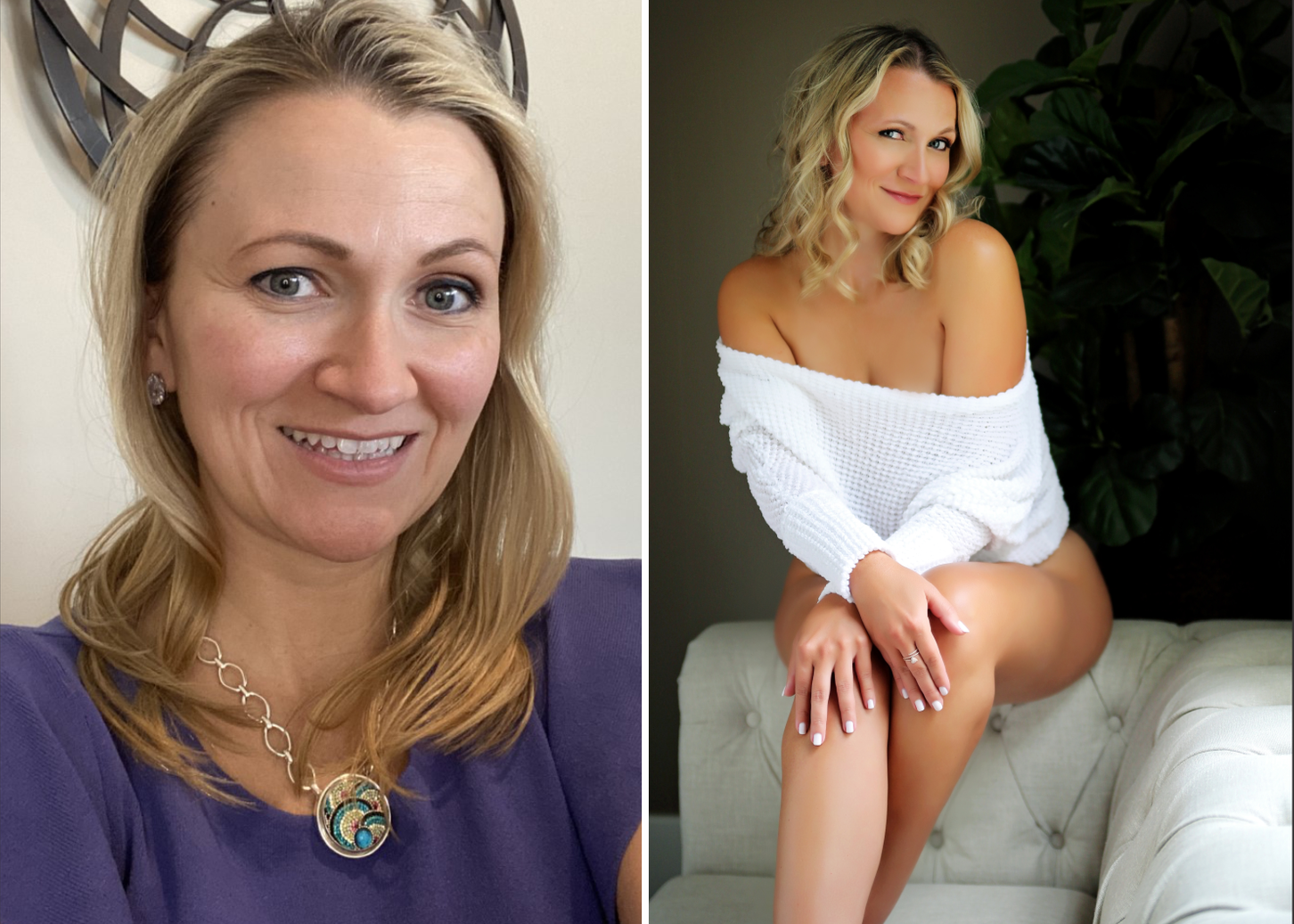Before and after split image: on the left, a smiling woman with blonde hair, wearing a necklace, posing in front of wall decor; on the right, the same woman in a white sweater seated jaclyn cotton professional boudoir photographer springboro ohio